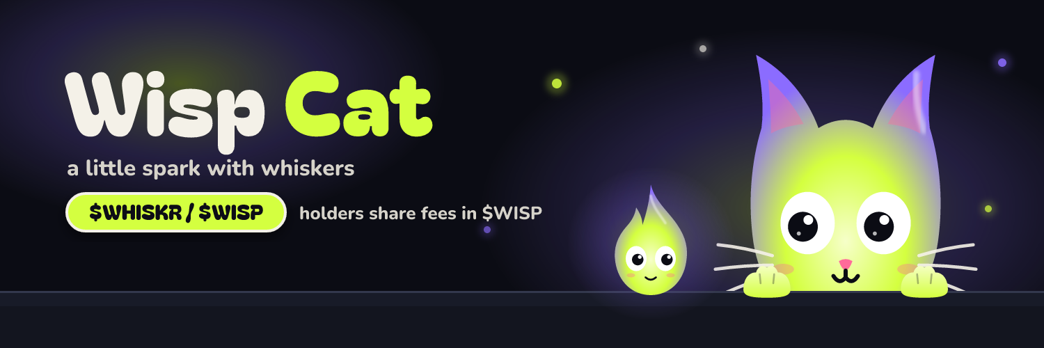 Wisp Cat header: the name and a $WHISKR sticker, with the cat peeking over a ledge