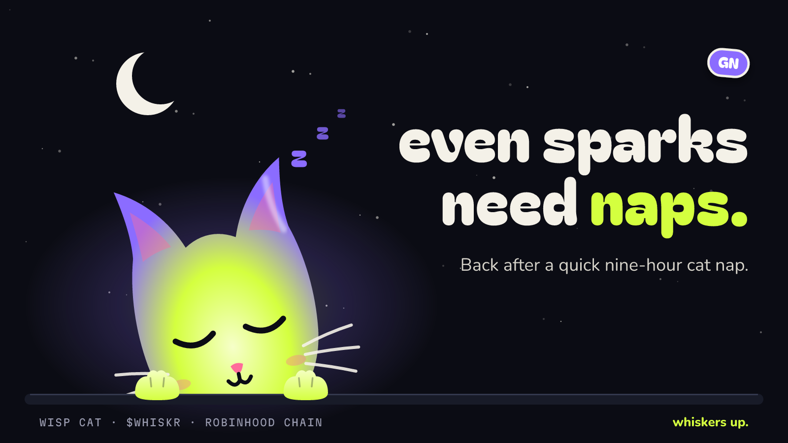 Night card: even sparks need naps. The cat dozes under a crescent moon.
